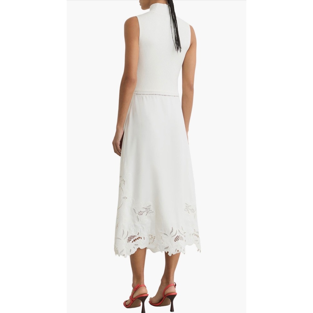 Reiss Phoenix Knit Woven Midi Dress Ivory Broderie Anglaise Cutwork Hem NWT Sz 2 - Picture 3 of 9